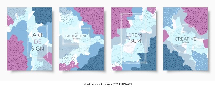 Set of minimalistic colored design templates, abstract artistic backgrounds in trendy hipster memphis casual style. A4 vector borders, frames with soft gentle colors and textures.