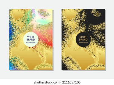 Set of minimalistic colorful watercolor background, gold grunge texture with sparkles. Vertical templates are used as a decorative design element for a banner, cover, postcard and brochure.