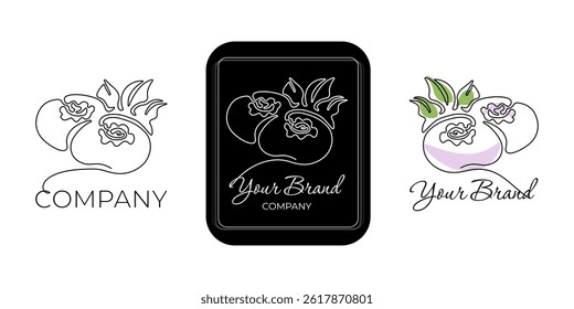 Set of minimalistic continuous line art of two blueberries with leaves for the logo in various designs. Blueberry in one line art style. Isolated on white background