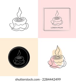 Set of minimalistic continuous line burning aroma and spa candle for the logo in various designs. Candle in one line art style. 