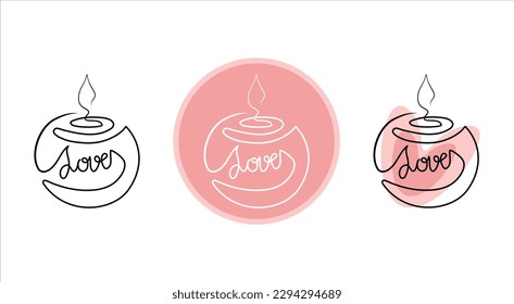 Set of minimalistic continuous line burning aroma and spa candle with LOVE label for the logo in various designs. Candle in one line style.