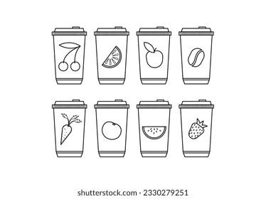 A set of minimalistic contour cups with different juices or drinks. Vector outline icons.