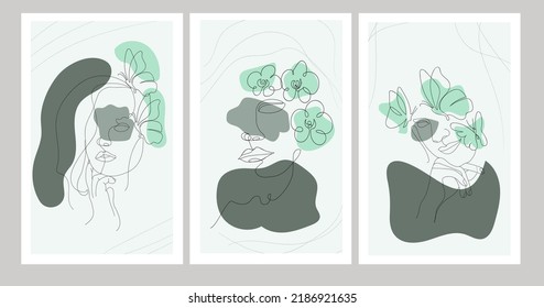 A set of minimalistic contours of female images with flowers and butterflies. Color spots. Drawn contours trendy vector illustration. For the design of postcards, flyers, banners, wallpapers.