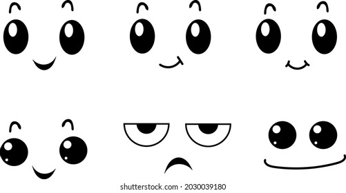 A set of minimalistic cute cartoon faces that depict different emotions. Made in black and white with no background