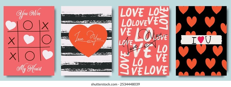 Set of  minimalistic Valentine’s Day greeting cards with romantic lettering, heart designs, and love messages. Templates for celebration, ads, branding, banner, cover, label, poster, sales