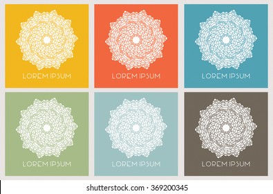 Set of minimalistic design elements isolated on bright colors.  Guilloche Rosette.