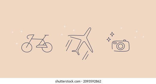 Set of minimalistic design tattoos. A bicycle, an airplane and a camera. Cute illustration for design, sticker. Vector line art.