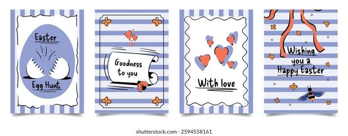 Set of minimalistic Easter posters in doodle style. Happy spring posters with inscriptions. Vector template for banner, post, advertisement