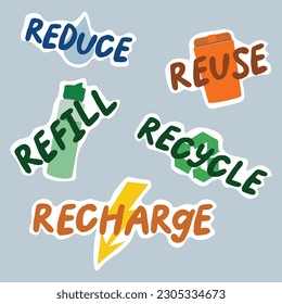 Set of minimalistic ecology themed stickers with lettering Reduce, Reuse, Recycle, Recharge, Refill