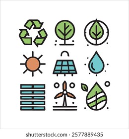 A set of minimalistic eco-themed icons made of geometric shapes, including symbols like recycling, trees, water droplets, solar panels, wind turbines, and leaves, using trendy colors of 2025 