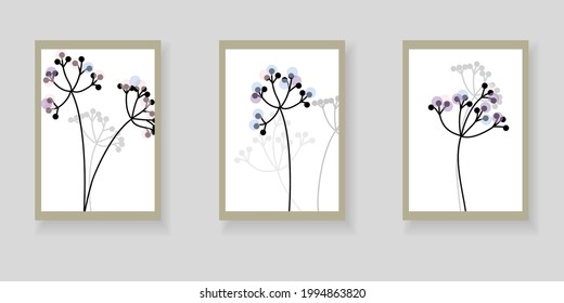 Set of minimalistic elegant botanical wall decor posters. Hand-drawn abstract flowers on white background. Creative templates for weddings, invitations, birthday, parties, cards, posters, covers