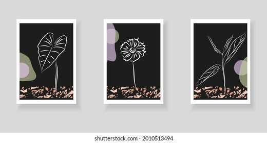 Set of minimalistic elegant botanical wall decor posters. Hand-drawn flowers and leaves on black background. Creative templates for weddings, invitations, birthday, parties, cards, posters, covers,