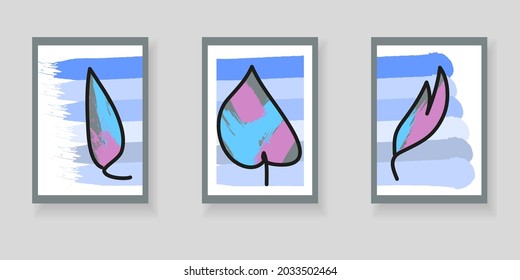 Set of minimalistic elegant botanical wall decor posters. Hand-drawn leaves on blue striped background. Creative templates for weddings, invitations, birthday, parties, cards, posters, covers