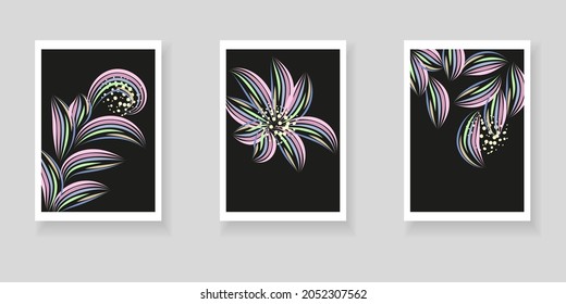 Set of minimalistic elegant botanical wall decor posters. Hand-drawn flowers and twigs from colorful lines on black background. Creative templates for weddings, invitations, birthday, parties, cards