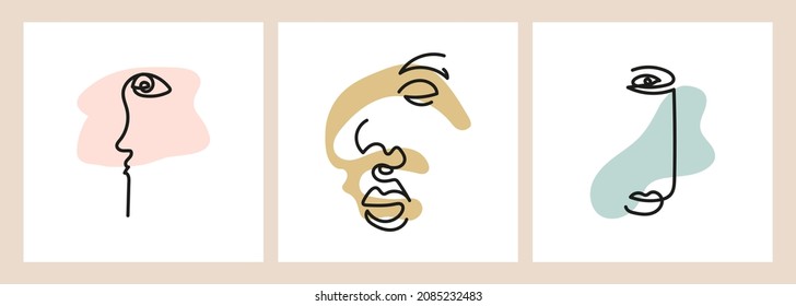 Set of minimalistic elegant concepts with faces and abstract shapes isolated. Contemporary hand drawn vector illustration. Design for poster, postcard, banner, interior, textile.