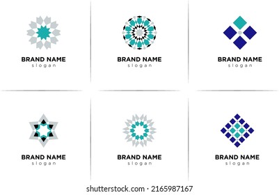 Set of minimalistic elegant geometric Arabic Mosaic  elements. Logotype inspiration, premade decorative fashion labels, signs. Vector Zellige 