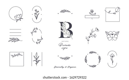Set of minimalistic elegant geometric floral elements. Premade decorative fashion labels, signs. Vector
