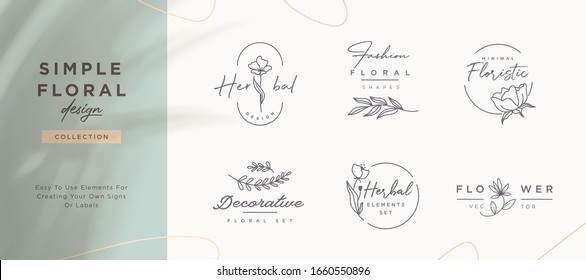 Set of minimalistic elegant geometric floral elements. Premade decorative fashion labels, signs. Vector