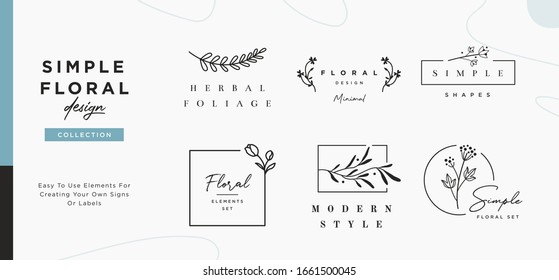 Set of minimalistic elegant geometric floral elements. Premade decorative fashion labels, signs. Vector
