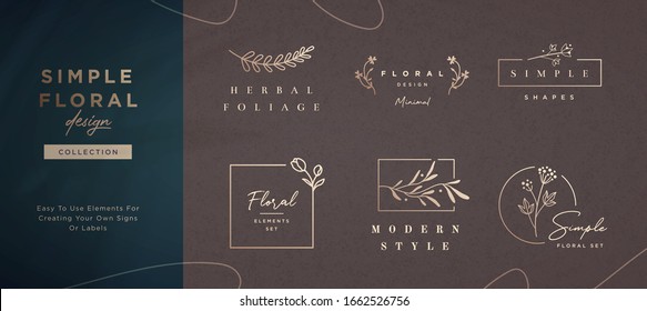 Set of minimalistic elegant geometric floral elements. Premade decorative fashion labels, signs. Vector