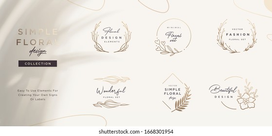 Set of minimalistic elegant geometric floral elements. Premade decorative fashion labels, signs. Vector