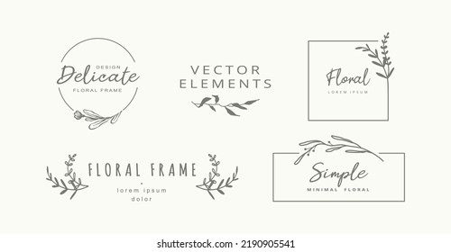 Set of minimalistic elegant hand drawn floral elements. Fashion logo templates, decorative labels, signs. Vector 