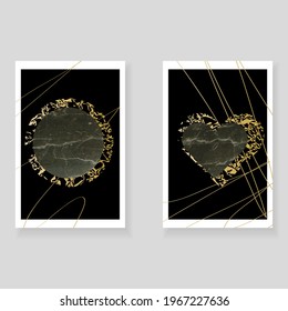 Set of minimalistic elegant wall decor posters. Luxurious dark background with abstract circle and heart with stone and gold texture. Creative templates for weddings, invitations, birthday, parties