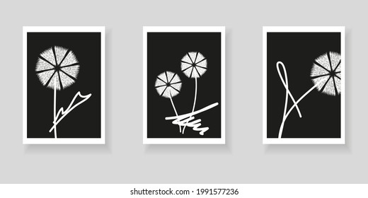 Set of minimalistic elegant wall decor posters. Hand-drawn abstract dandelions on black background. Creative templates for weddings, invitations, birthday, parties, cards, posters, covers, social medi