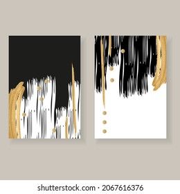Set of minimalistic elegant wall decor posters. Black, white and gold strokes and spots with grunge texture. Creative templates for parties, cards, posters, covers, labels, home decor.
