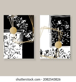 Set of minimalistic elegant wall decor posters. Black, white and gold circles, frames and grunge texture. Creative templates for parties, cards, posters, covers, labels, home decor. Abstract art.