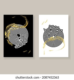 Afiches de decoración minimalista y elegante. Pisos y puntos negros, blancos y dorados y forma geométrica distorsionada. Plantillas creativas para fiestas, tarjetas, carteles, portadas, etiquetas, decoración doméstica.
