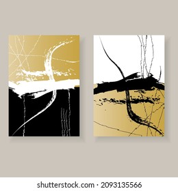Set von minimalistisch eleganten Wandplakaten. Schwarze, weiße und goldene Striche und Flecken mit Grunge-Struktur. Kreative Vorlagen für Partys, Karten, Plakate, Cover, Etiketten, Wohnungsdekoration.