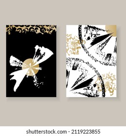 Set of minimalistic elegant wall decor posters. Black, white and gold strokes and spots with grunge texture. Creative templates for parties, cards, posters, covers, labels, home decor.