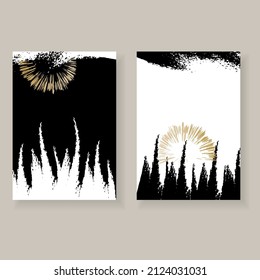 Set of minimalistic elegant wall decor posters. Black, white and gold strokes and spots with grunge texture. Creative templates for parties, cards, posters, covers, labels, home decor.