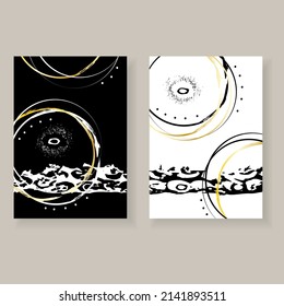 Set of minimalistic elegant wall decor posters. Black, white and gold strokes and spots with grunge texture. Creative templates for parties, cards, posters, covers, labels, home decor.