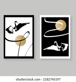 Set of minimalistic elegant wall decor posters. Black, white and gold birds, lines, nature with grungy texture. Creative templates for cards, posters, covers, labels, home decor.