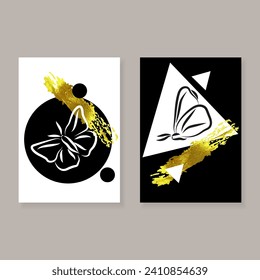 Set of minimalistic elegant wall decor posters. Black, white and gold butterflies, brush strokes, geometric shapes. Creative templates for cards, posters, covers, labels, home decor.