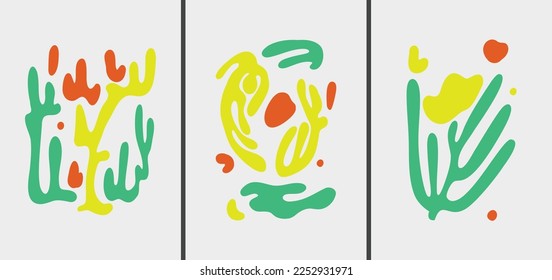 Set of minimalistic ethnic abstract illustration in yellow, cyan, and red colors isolated on the light background. Can be used as a wall decoration, postcard, poster, brochure.