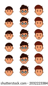A set of minimalistic faces with different emotions. Collection of flat cartoon male faces