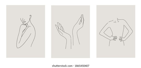 Conjunto de figuras femeninas minimalistas. Cuerpo femenino lineal. Estilo de arte de línea abstracta moderno. Ilustración vectorial. 