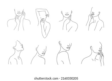 Conjunto de figuras femeninas minimalistas. Cuerpos femeninos lineales, caras. Estilo de arte de línea abstracta moderno. Ilustración vectorial. 