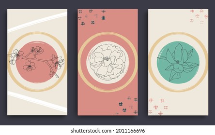 Set of minimalistic floral posters in trendy colors for women profile. Pack of abstract hand drawn stories templates for social media, web, mobile app.