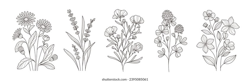 Set of minimalistic flower branches in line art style. Botanical elements of plants, leaves, wild herbs and bouquets. Design for tattoo or logo. Outline vector collection isolated on white background