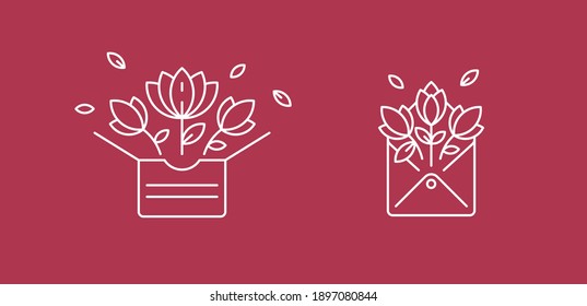 A Set Of Minimalistic Flower Delivery Icons. Gift Bouquet, Parcel Logos, Emblems.