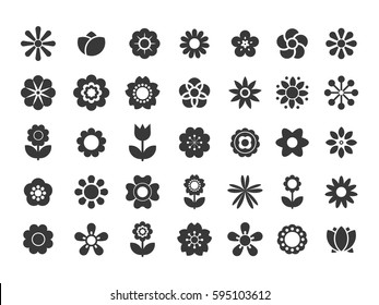 Set of minimalistic flowers isolated on white background. Vector flower icons. Black ornamental shapes / silhouettes. Flat floral elements for garden design, logo or funny women's & children's prints