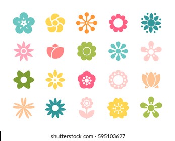 Set of minimalistic flowers isolated on white background. Vector flower icons. Bright ornamental shapes / silhouettes. Flat floral elements for garden design or funny women's & children's prints