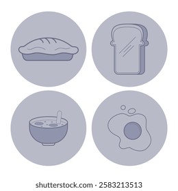 Set of minimalistic food icons showcasing pie, bread, bowl of soup, and fried egg. Various meals in elegant style