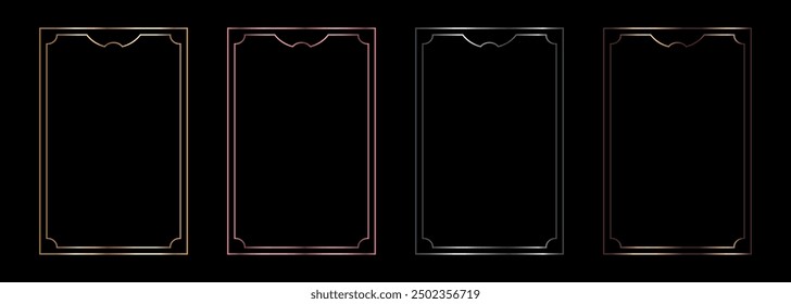 Set of minimalistic frames in metallic colors. Golden, silver, bronze and pink colored frame borders for invitation cards of wedding. Vector illustration