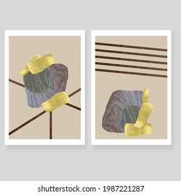 Set of minimalistic geometric backgrounds for wall decor, posters, book covers, social media design. Modern  art templates with abstract geometric shapes in natural colors.