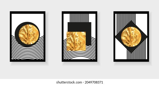 Set von minimalistischen geometrischen Hintergründen für Wanddekor, Plakate, Buchumschläge, Social Media . Moderne abstrakte Schwarz-Weiß-Kunstvorlagen mit geometrischen Formen und Streifen und luxuriöser goldener Textur.